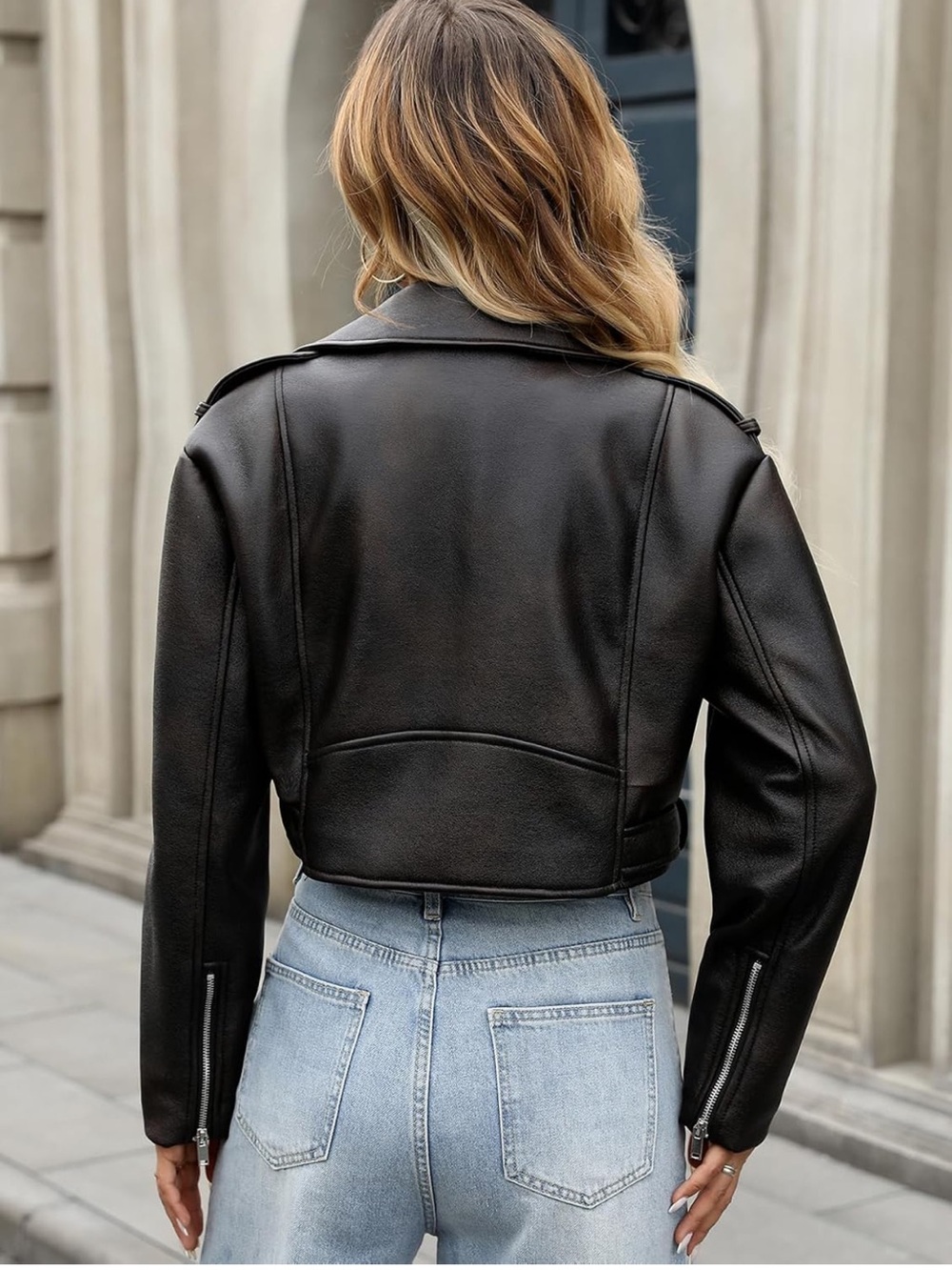 Women’s Black Faux Leather Biker Jacket - Stylish Casual Coat - Picture 6 of 8
